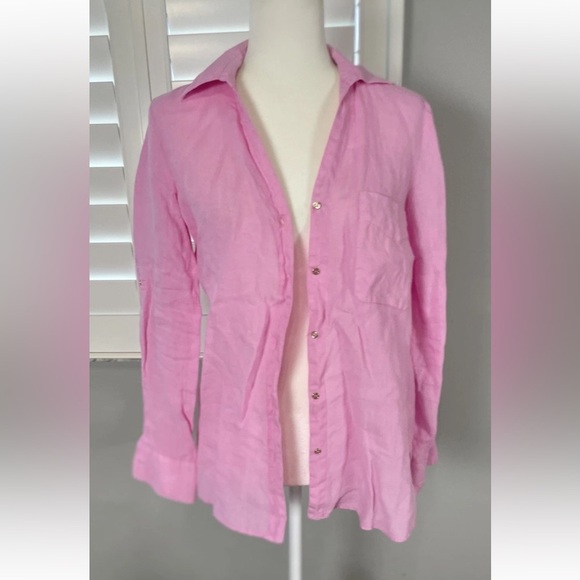 Zara Womens Small 100% Linen Pink Gold Long Sleeve Button Up Shirt Summer Beach - Picture 15 of 16